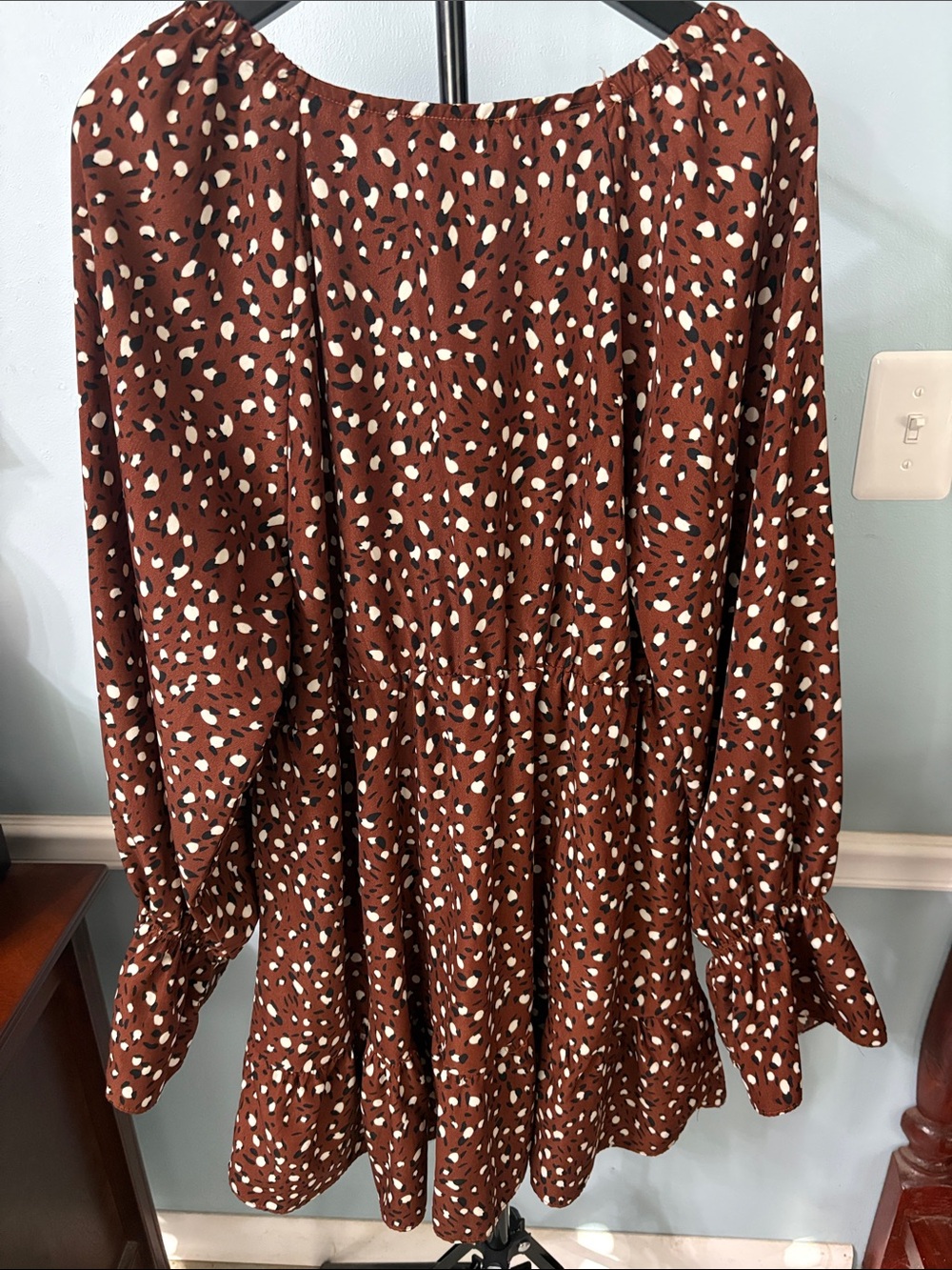 Smocked Long-Sleeve Midi Dress Brown with Black and White Spots - Picture 4 of 4